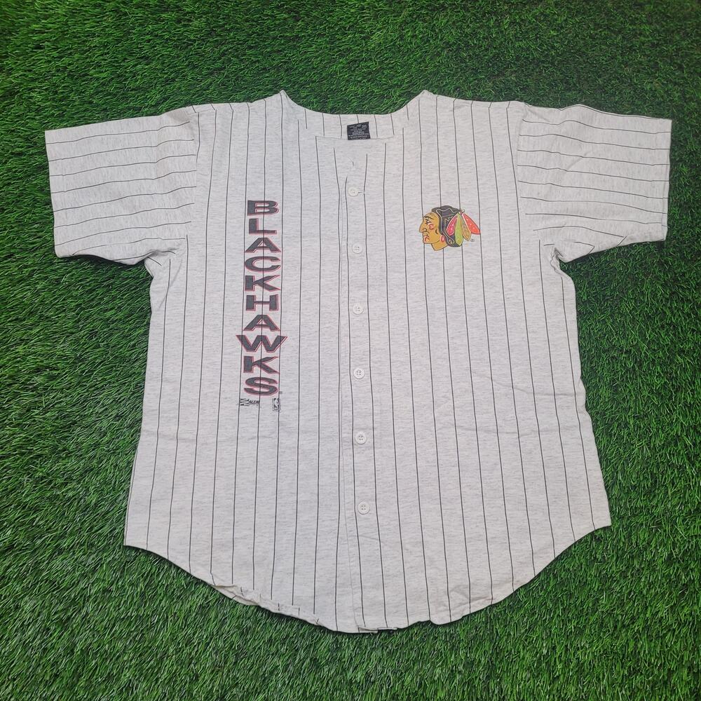 VTG 90s NHL Chicago Blackhawks Pinstripe Button Up Jersey Tee Mens L USA